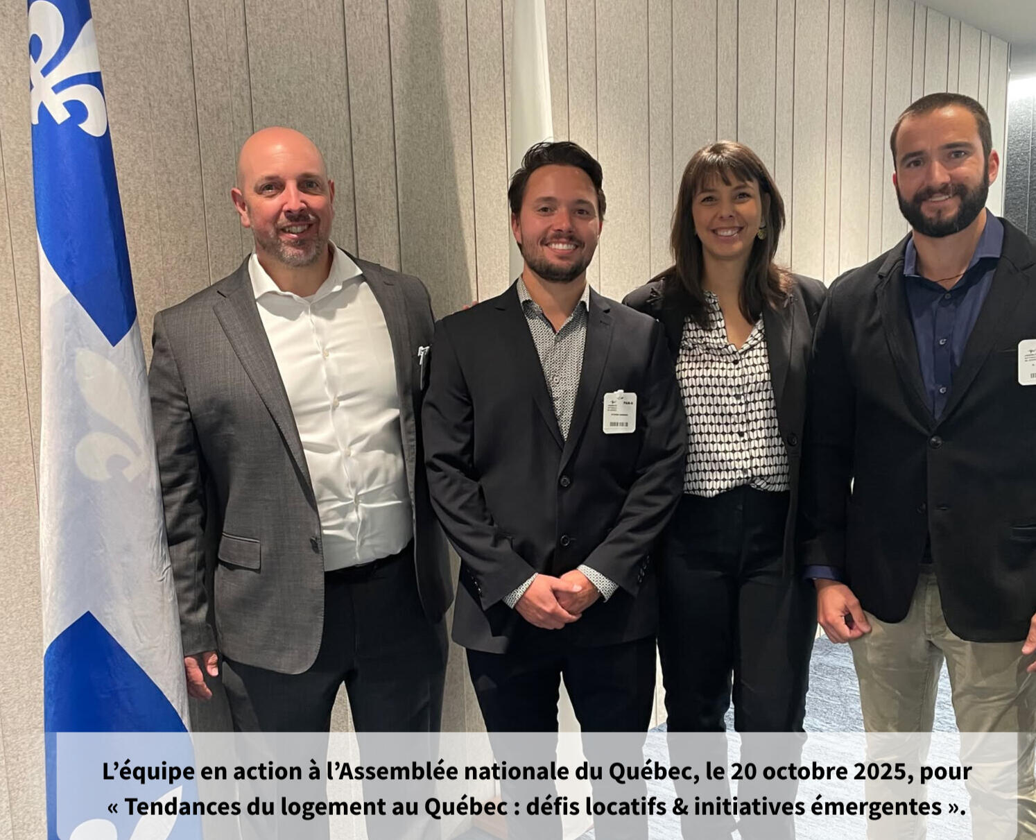 L’équipe en action à l’Assemblée nationale du Québec, le 20 octobre 2025, pour « Tendances du logement au Québec : défis locatif